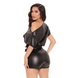 PU Leather Slash Shoulder Romper(With Belt) GYOM-8836