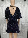 Plus Size V Neck Backless Sequin Mini Dress GYOM-8921