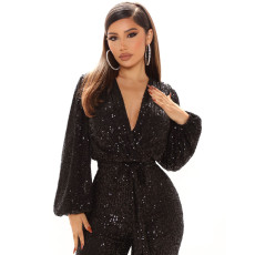 Sequin Deep V Neck Tie Up Jumpsuit GYOM-8794