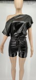 PU Leather Slash Shoulder Romper(With Belt) GYOM-8836