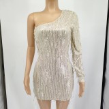 Single Shoulder Long Sleeve Sequin Mini Dress GYOM-8778