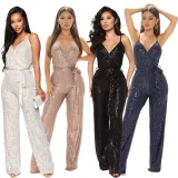 Sequin Sling V Neck Tie Up Jumpsuit GYOM-8817