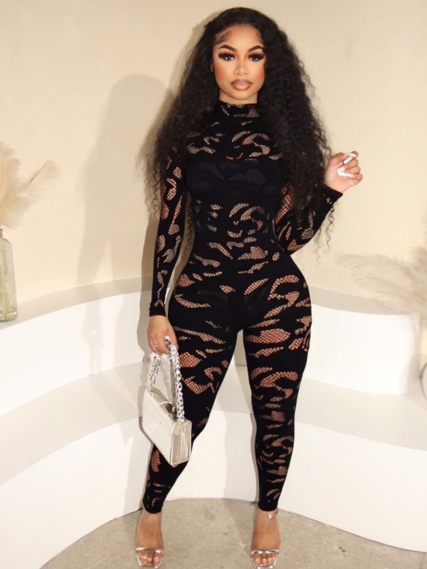 Fashion Sexy Long Sleeve Hollow Out Tight Jumpsuits GQNF-Y00535QL