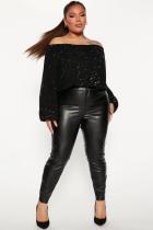 Sequin Off Shoulder Lantern Long Sleeve Top GYOM-8883