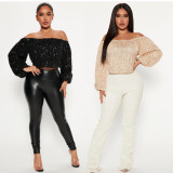 Sequin Off Shoulder Lantern Long Sleeve Top GYOM-8883