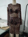 Plus Size Leopard Print Flare Sleeve Backless Mini Dress GYOM-8754