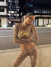 Leopard Print Long Sleeve Tops Seven-Tenths Pants Suit  YWXS-XS-45632
