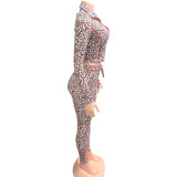 Leopard Print Zipper Coat Two Piece Pants Set GQNF-Y00264SC