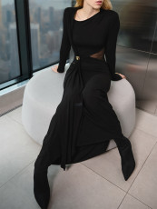 Button Metal Long-Sleeve Mesh Patchwork Maxi Dress GQNF-Y00440DC