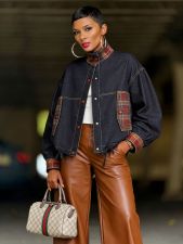 Plaid Patchwork Long Sleeve Denim Coats GYLN-9067