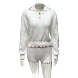Knits Lapel Long Sleeve Two Piece Shorts Set GQNF-Y00298SM