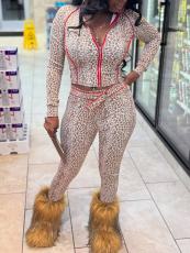 Leopard Print Zipper Coat Two Piece Pants Set GQNF-Y00264SC
