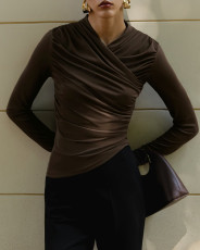 V Neck Ruched Solid Color Tops GQNF-Y00343TC