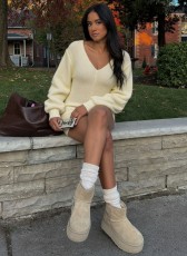 Solid Color V Neck Knits Mini Dress GQNF-Y00492DD