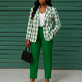 Plus Size Plaid Print Long Sleeve Blazer Two Piece Pants Set GMLF-3355