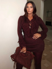 V Neck Long Sleeve Knits Mini Dress GQNF-Y00615DM