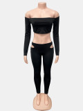 One Shoulder Long Sleeve Hollow Out Two Piece Pants Set GQNF-Y00410SC