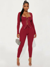 Solid Color Long Sleeve Tie Up 2 Piece Pants Set GQNF-Y00391SC