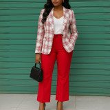 Plus Size Plaid Print Long Sleeve Blazer Two Piece Pants Set GMLF-3355