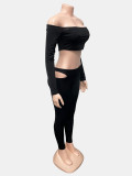 One Shoulder Long Sleeve Hollow Out Two Piece Pants Set GQNF-Y00410SC