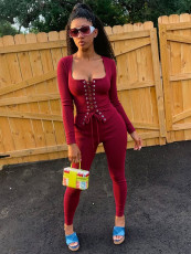 Solid Color Long Sleeve Tie Up 2 Piece Pants Set GQNF-Y00391SC