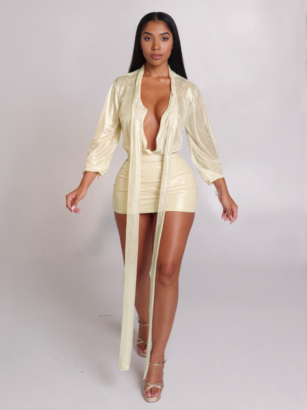 Deep V Neck Solid Color Mini Dress GQNF-Y00342DC