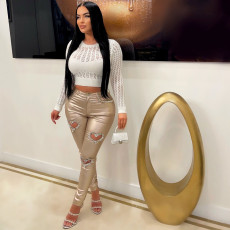 Hollow Out Heart Rhinestone Pants YNSF-8020