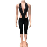 Deep V Neck Backless Tops Fifth Pants 2 Piece Set GQNF-Y00401SC