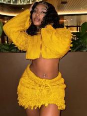 Solid Color Long Sleeve Tassel Two Piece Skirts Set GQNF-Y00296SM