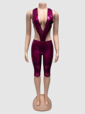 Deep V Neck Backless Tops Fifth Pants 2 Piece Set GQNF-Y00401SC