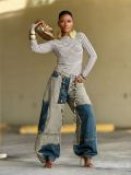 Two-tone Patchwork Contrast Frayed Edge Jeans GYLN-5943