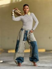 Two-tone Patchwork Contrast Frayed Edge Jeans GYLN-5943