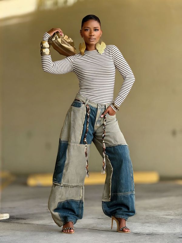 Two-tone Patchwork Contrast Frayed Edge Jeans GYLN-5943