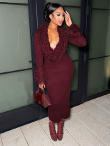 Tassel V Neck Long Sleeve Knits Maxi Dress GQNF-Y00467DM