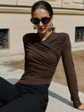V Neck Ruched Solid Color Tops GQNF-Y00343TC