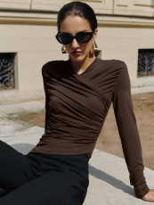 V Neck Ruched Solid Color Tops GQNF-Y00343TC