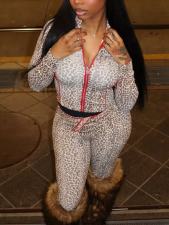 Leopard Print Zipper Coat Two Piece Pants Set GQNF-Y00264SC