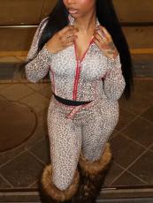 Leopard Print Zipper Coat Two Piece Pants Set GQNF-Y00264SC