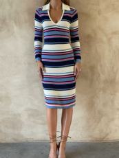 Stripe Contrast Color Knits Midi Dress GQNF-Y00303DM