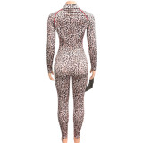 Leopard Print Zipper Coat Two Piece Pants Set GQNF-Y00264SC
