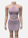 Backless Halterneck Knits Top Two Piece Skirts Set GQNF-F00129SM
