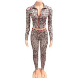 Leopard Print Zipper Coat Two Piece Pants Set GQNF-Y00264SC
