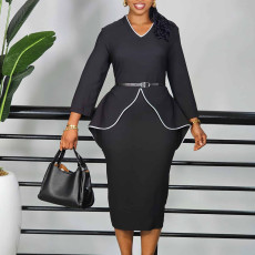 Plus Size Ruffles Long Sleeve Solid Color Pencil Dress GATE-D611