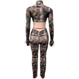 Sexy Tie Up Long Sleeve Camouflage Print Pant Suit GQNF-Y00221SC