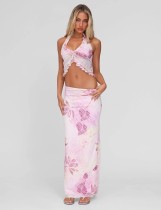 Ruched Print Ruffles Tops Two Piece Skirts Set GQNF-Y00111SC