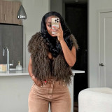 Fur Hooded Backless Tie Up Tops GDSF-D25TP517