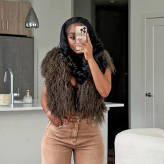 Fur Hooded Backless Tie Up Tops GDSF-D25TP517