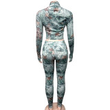 Zipper Print Long Sleeve Tops Pants 2 Piece Set GQNF-Y00263SC