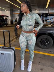 Zipper Print Long Sleeve Tops Pants 2 Piece Set GQNF-Y00263SC