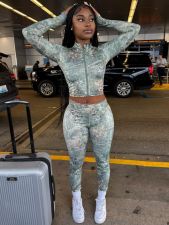 Zipper Print Long Sleeve Tops Pants 2 Piece Set GQNF-Y00263SC